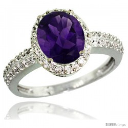 Sterling Silver Diamond Natural Amethyst Ring Oval Stone 9x7 mm 1.76 ct 1/2 in wide