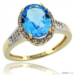 10k Yellow Gold Diamond Swiss Blue Topaz Ring 2.4 ct Oval Stone 10x8 mm, 1/2 in wide