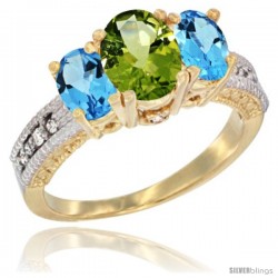 10K Yellow Gold Ladies Oval Natural Peridot 3-Stone Ring with Swiss Blue Topaz Sides Diamond Accent