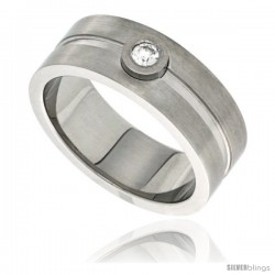 Surgical Steel 8mm Wedding Band Ring CZ Stone Grooved Center Matte Finish