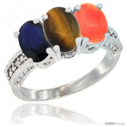 10K White Gold Natural Blue Sapphire, Tiger Eye & Coral Ring 3-Stone Oval 7x5 mm Diamond Accent