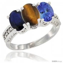 10K White Gold Natural Blue Sapphire, Tiger Eye & Tanzanite Ring 3-Stone Oval 7x5 mm Diamond Accent