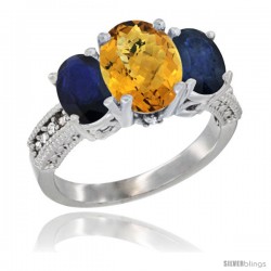 10K White Gold Ladies Natural Whisky Quartz Oval 3 Stone Ring with Blue Sapphire Sides Diamond Accent