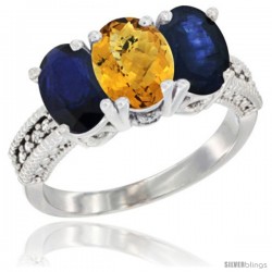 10K White Gold Natural Whisky Quartz & Blue Sapphire Ring 3-Stone Oval 7x5 mm Diamond Accent