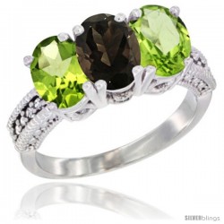 14K White Gold Natural Smoky Topaz & Peridot Sides Ring 3-Stone 7x5 mm Oval Diamond Accent