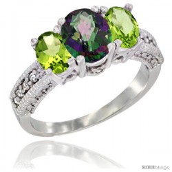 14k White Gold Ladies Oval Natural Mystic Topaz 3-Stone Ring with Peridot Sides Diamond Accent