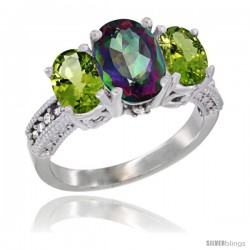 14K White Gold Ladies 3-Stone Oval Natural Mystic Topaz Ring with Peridot Sides Diamond Accent