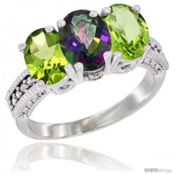 14K White Gold Natural Mystic Topaz & Peridot Sides Ring 3-Stone 7x5 mm Oval Diamond Accent