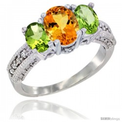 14k White Gold Ladies Oval Natural Citrine 3-Stone Ring with Peridot Sides Diamond Accent