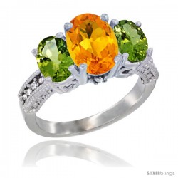 14K White Gold Ladies 3-Stone Oval Natural Citrine Ring with Peridot Sides Diamond Accent