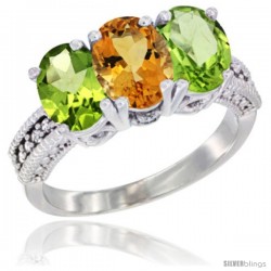 14K White Gold Natural Citrine & Peridot Sides Ring 3-Stone 7x5 mm Oval Diamond Accent