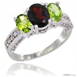 14k White Gold Ladies Oval Natural Garnet 3-Stone Ring with Peridot Sides Diamond Accent