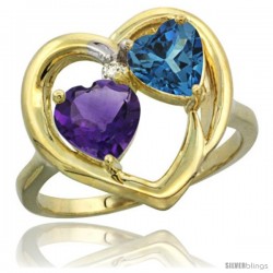 14k Yellow Gold 2-Stone Heart Ring 6mm Natural Amethyst & London Blue Topaz Diamond Accent