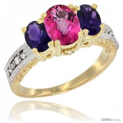 14k Yellow Gold Ladies Oval Natural Pink Topaz 3-Stone Ring with Amethyst Sides Diamond Accent