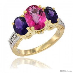 14K Yellow Gold Ladies 3-Stone Oval Natural Pink Topaz Ring with Amethyst Sides Diamond Accent