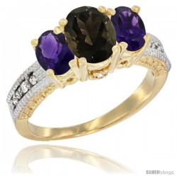 14k Yellow Gold Ladies Oval Natural Smoky Topaz 3-Stone Ring with Amethyst Sides Diamond Accent
