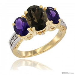 14K Yellow Gold Ladies 3-Stone Oval Natural Smoky Topaz Ring with Amethyst Sides Diamond Accent