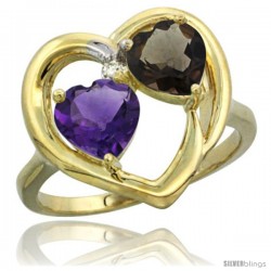 14k Yellow Gold 2-Stone Heart Ring 6mm Natural Amethyst & Smoky Topaz Diamond Accent