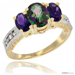 14k Yellow Gold Ladies Oval Natural Mystic Topaz 3-Stone Ring with Amethyst Sides Diamond Accent