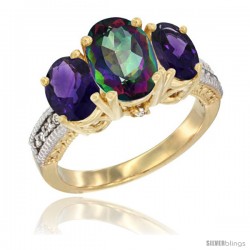 14K Yellow Gold Ladies 3-Stone Oval Natural Mystic Topaz Ring with Amethyst Sides Diamond Accent