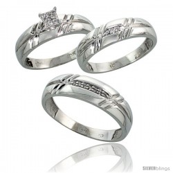 10k White Gold Diamond Trio Engagement Wedding Ring 3-piece Set for Him & Her 6 mm & 5.5 mm wide 0.12 cttw Brilliant Cut