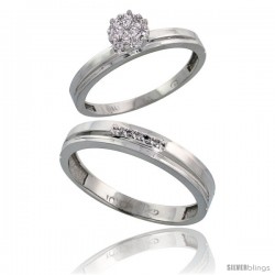 10k White Gold Diamond Engagement Rings 2-Piece Set for Men and Women 0.08 cttw Brilliant Cut, 3mm & 4mm wide