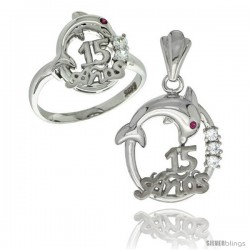 Sterling Silver Quinceanera 15 ANOS Dolphin Ring & Pendant Set CZ Stones Rhodium Finished