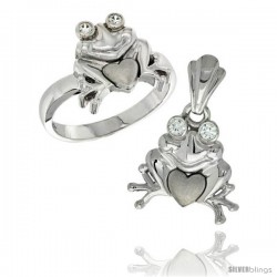 Sterling Silver Frog & Heart Ring & Pendant Set CZ Stones Rhodium Finished
