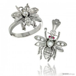 Sterling Silver Bee Ring & Pendant Set CZ Stones Rhodium Finished