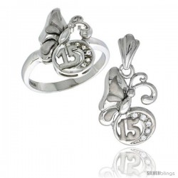 Sterling Silver Quinceanera 15 ANOS Butterfly Ring & Pendant Set CZ Stones Rhodium Finished