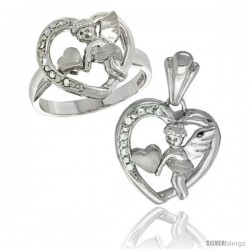 Sterling Silver Cupid Heart Ring & Pendant Set CZ Stones Rhodium Finished