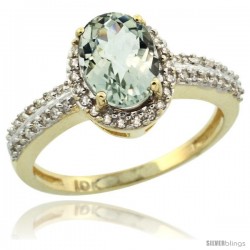 10k Yellow Gold Diamond Halo Green Amethyst Ring 1.2 ct Oval Stone 8x6 mm, 3/8 in wide