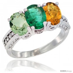 14K White Gold Natural Green Amethyst, Emerald & Whisky Quartz Ring 3-Stone 7x5 mm Oval Diamond Accent