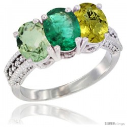 14K White Gold Natural Green Amethyst, Emerald & Lemon Quartz Ring 3-Stone 7x5 mm Oval Diamond Accent