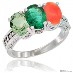 14K White Gold Natural Green Amethyst, Emerald & Coral Ring 3-Stone 7x5 mm Oval Diamond Accent