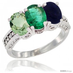 14K White Gold Natural Green Amethyst, Emerald & Lapis Ring 3-Stone 7x5 mm Oval Diamond Accent