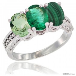 14K White Gold Natural Green Amethyst, Emerald & Malachite Ring 3-Stone 7x5 mm Oval Diamond Accent