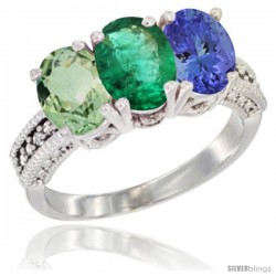 14K White Gold Natural Green Amethyst, Emerald & Tanzanite Ring 3-Stone 7x5 mm Oval Diamond Accent