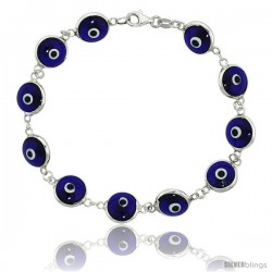 Sterling Silver Translucent Navy Blue Color Evil Eye Bracelet, 7 in long