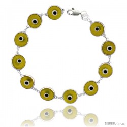 Sterling Silver Translucent Light Yellow Color Evil Eye Bracelet, 7 in long