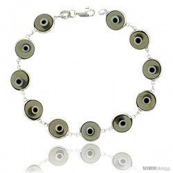 Sterling Silver Translucent Light Gray Color Evil Eye Bracelet, 7 in long