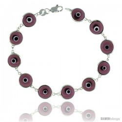 Sterling Silver Translucent Purple Color Evil Eye Bracelet, 7 in long