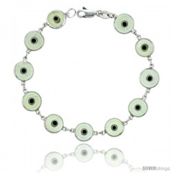 Sterling Silver Translucent Light Gray Color Evil Eye Bracelet, 3/8 in (10 mm) wide