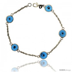 Sterling Silver Translucent Blue Color Evil Eye Bracelet, 3/8 in (10 mm) wide