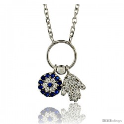 Sterling Silver 16 in. Cable Link Chain Necklace Jeweled Evil Eye & Hamsa Charm Pendant