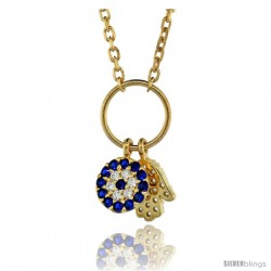 Sterling Silver (Gold Plated) 16 in. Cable Link Chain Necklace Jeweled Evil Eye & Hamsa Charm Pendant