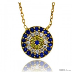 Sterling Silver ( Gold Plated ) 16 in. Cable Link Chain Necklace 1/2 in (11 mm) Jeweled Round Evil Eye Pendant