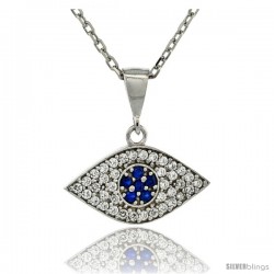 Sterling Silver 17 in. Cable Link Chain Necklace 3/4 in (20 mm) Jeweled Evil Eye Pendant