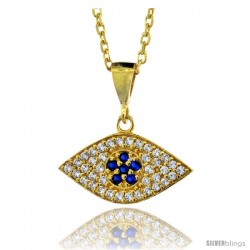 Sterling Silver ( Gold Plated ) 17 in. Cable Link Chain Necklace 3/4 in (20 mm) Jeweled Evil Eye Pendant