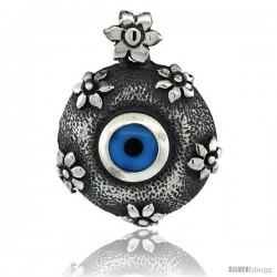 Sterling Silver Floral Round Evil Eye Pendant, 1 1/16 in wide